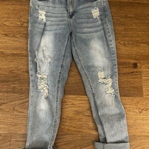 Cuffed Distressed Light Blue Jeans